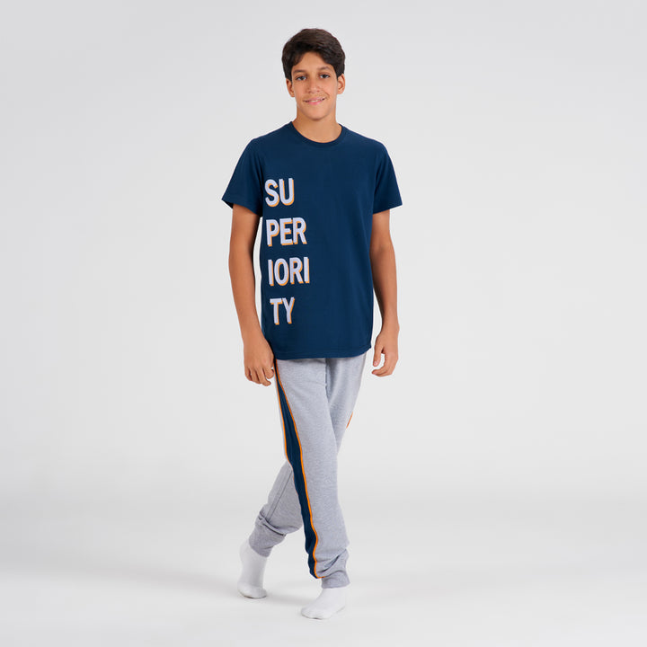 بيجامه اولادي  صيفى تى شيرت وبنطلون بترولي