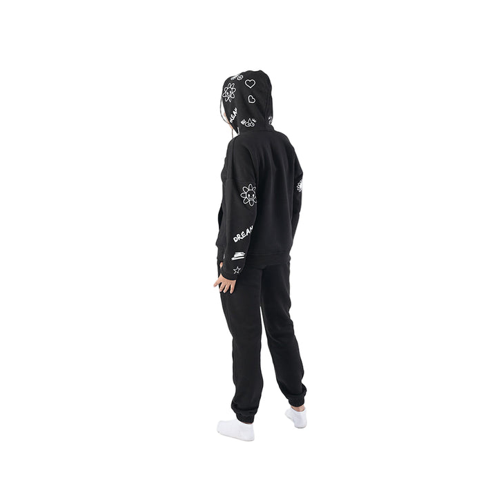 Black hoodie and pants set with white designs on a white background