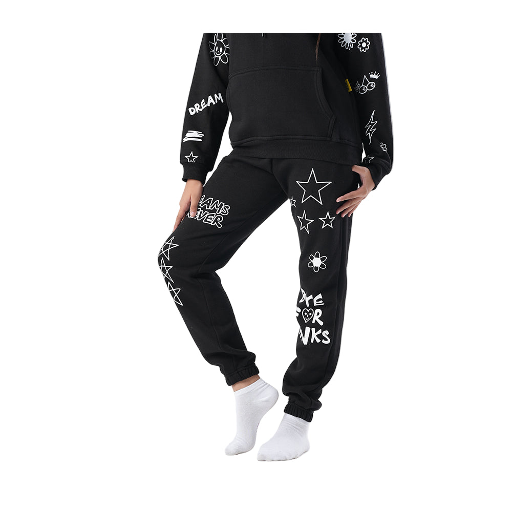 Black tracksuit with white text and graphics on a white background