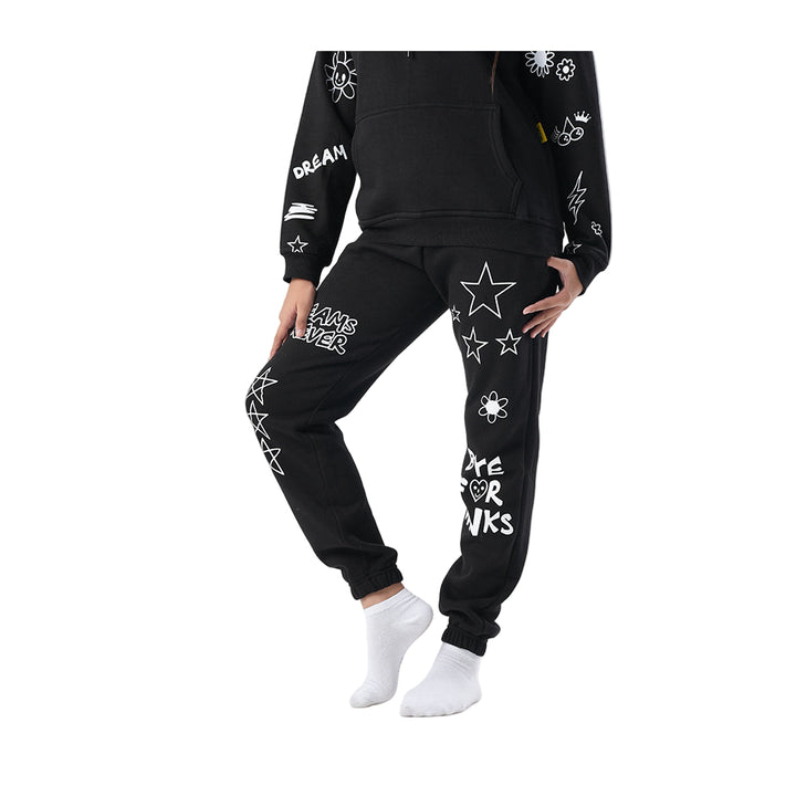Black tracksuit with white text and graphics on a white background