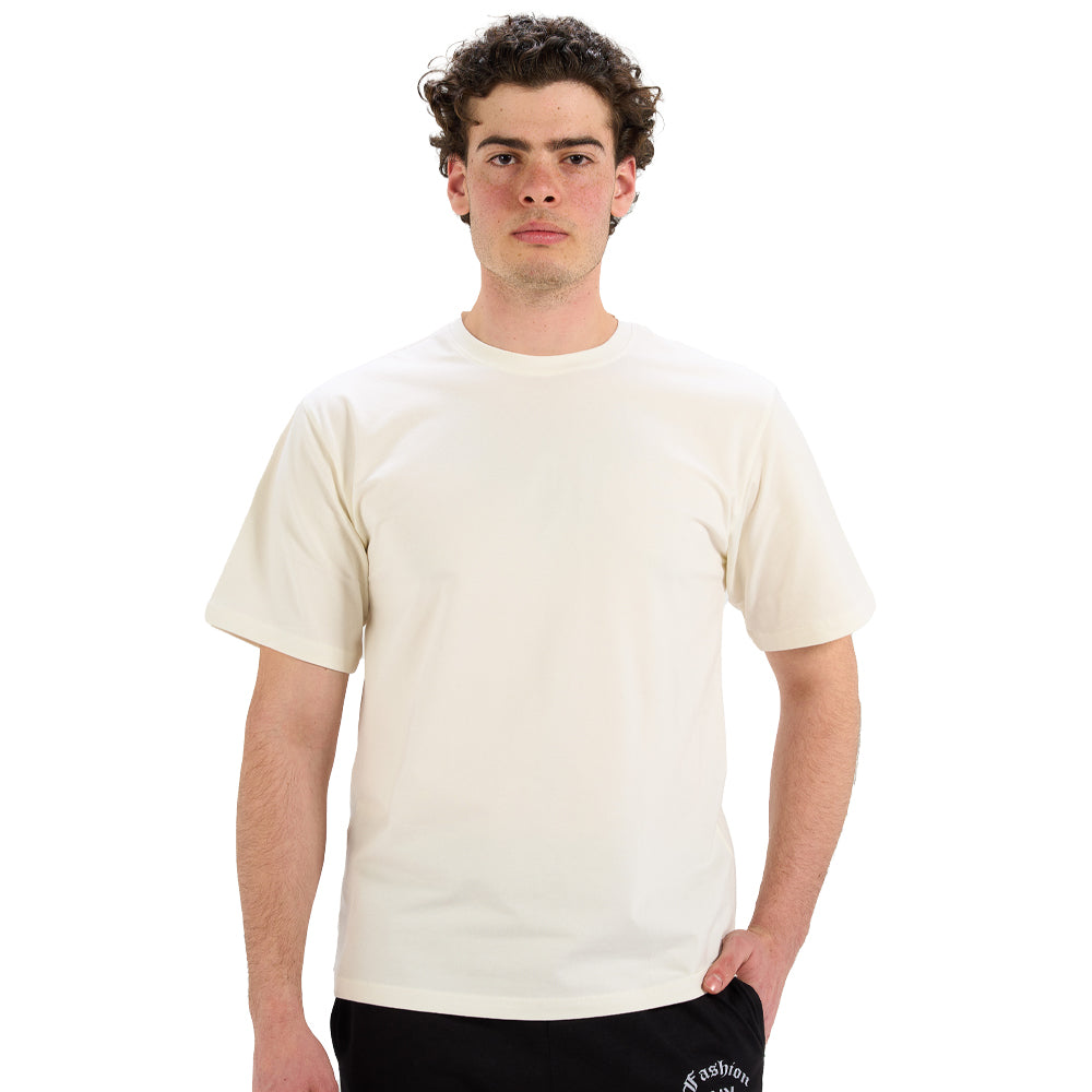 Man wearing a plain white t-shirt on a white background